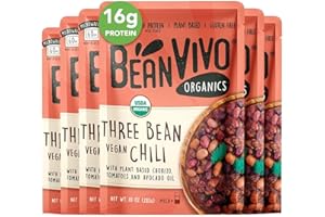 BeanVIVO (Pack of 6) Organics 16g Plant based Protein Three Bean Vegan Chili - Good Source of Fiber - Nutritious & Microwave Meal - Gluten-Free Plant Food - 10 OZ