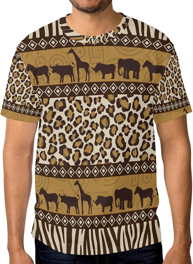 Mens Crew Neck TShirt African Wild Animals Elephant Giraffe Leopard Short Sleeve Tee Tops