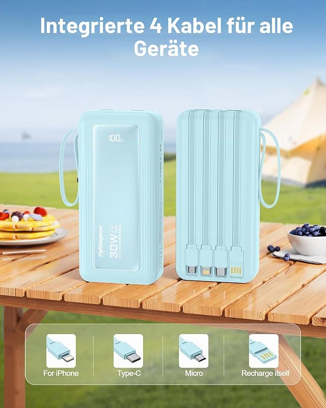 Powerbank 27000mAh mit 4 integrierten Kabel, 30W USB C Schnellladefunktion