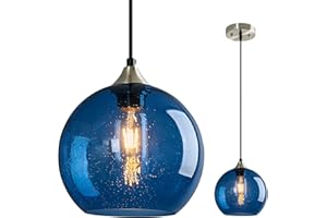 LBSQJ Blue Glass Pendant Lights Kitchen Island Lighting Globe Pendant Light Fixtures Modern Pendant Lighting for Kitchen Island Bedroom Living Dining Room Light Fixture(7.87in, 1-Pack)
