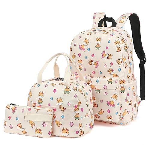 Giraffe School Backpack for Girls, 3Pcs Waterproof Lightweight Kids Student Backpacks with Lunch Bag and Pencil Case