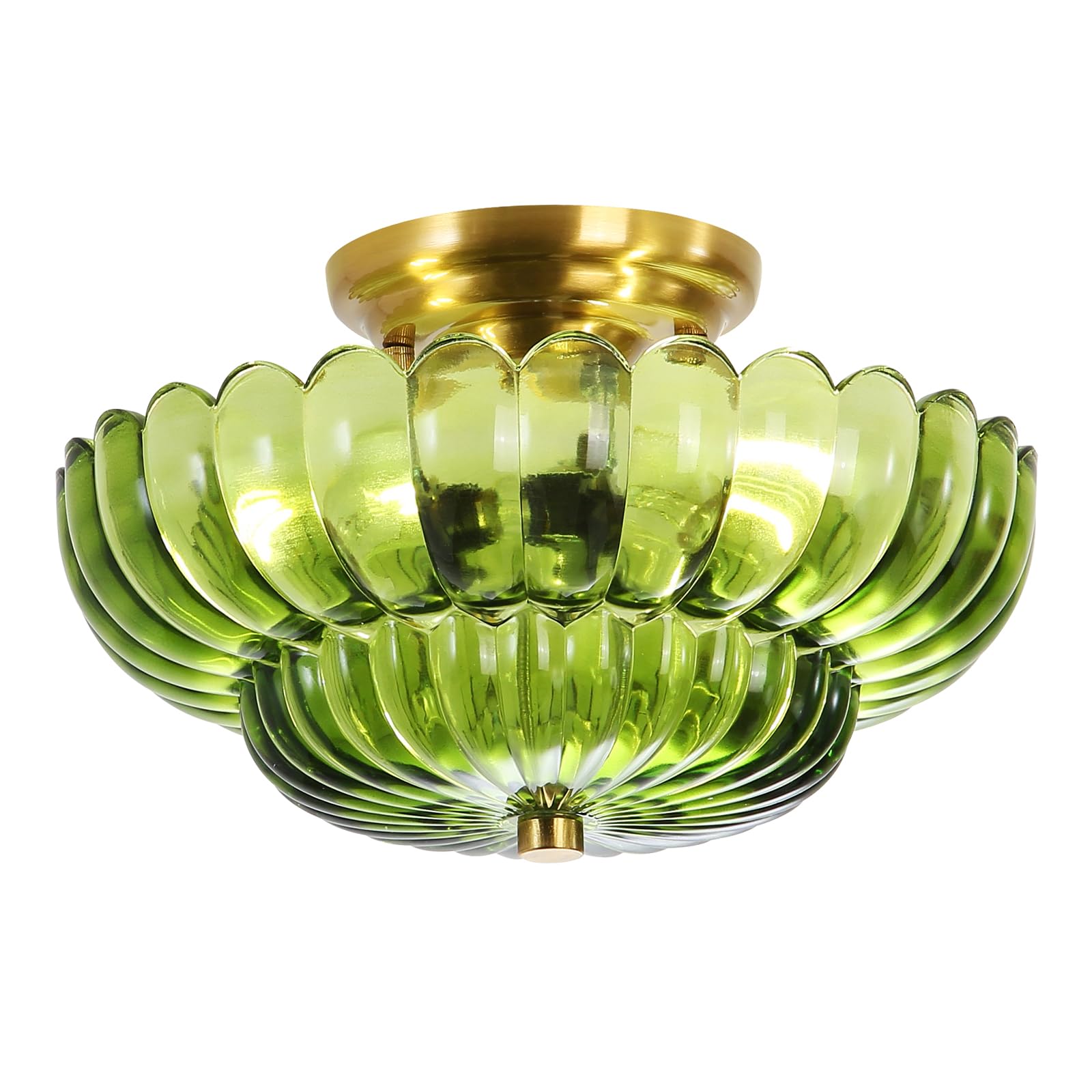 Photo 1 of GloMuse Flush Mount Ceiling Light Green Glass Light Brushed Brass Modern Light Fixture for Living Room Kitchen Bedroom Hallway 3 Light(Bulb Not Included)
