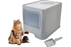 JIA XI Cat Litter Box with Scoop, Large Foldable Litter Box with Lid, Front Entry Top Exit Kitty Box, Odor Control, Easy to Clean (Grey)