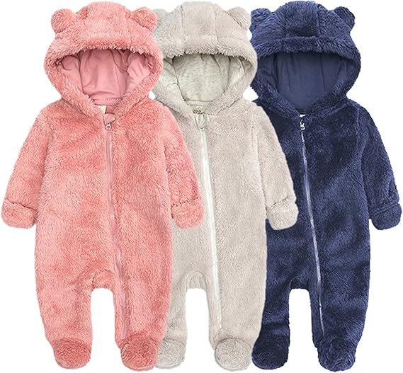 Amazon ベビー服 ロンパース 長袖 前開き クマ耳 フード付き カバーオール 赤ちゃん服 ボディースーツ ジャンプスーツ 着替え便利 新生児服 ルームウエア 保温 防寒 冬 ウサギ 足つき 可愛い キッズ 着ぐるみ ふわふわ 暖かい お正月 年賀状 産祝い プレゼント