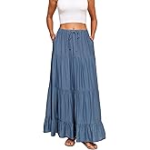 Capuffy Women Summer Boho Flowy Swing Maxi Skirt Tiered A-Line Skirts Elastic Waist Ruffles Pleated Beach Skirt with Pockets