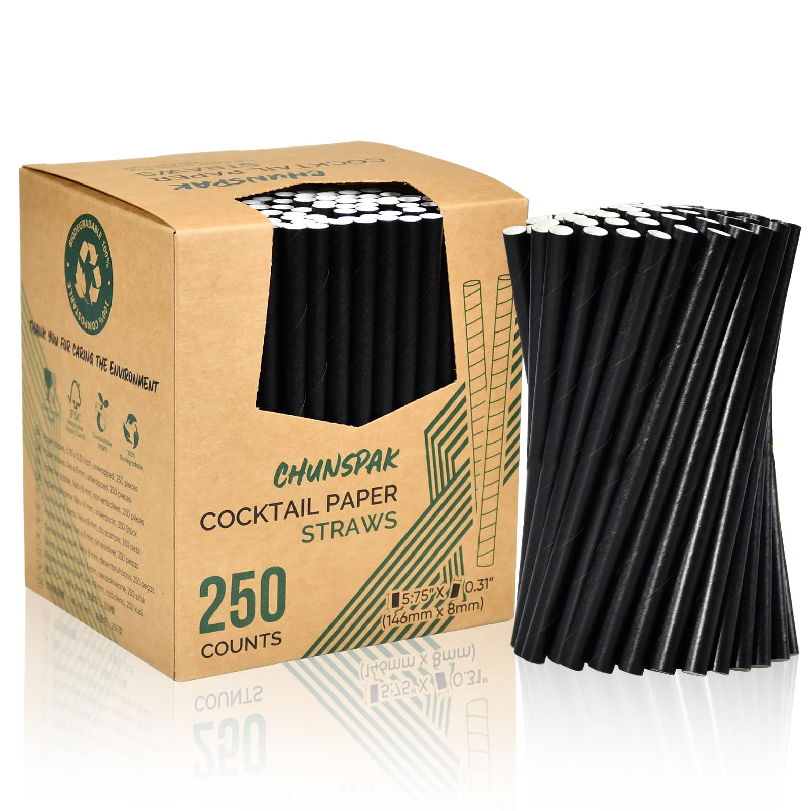 Lives on Green Short Wide Disposable Paper Straws in Black, 14.6 x 0.8 cm, Pack of 250 - for Cocktails, Margarita, Mixed Drinks, Home, Bar and Restaurants