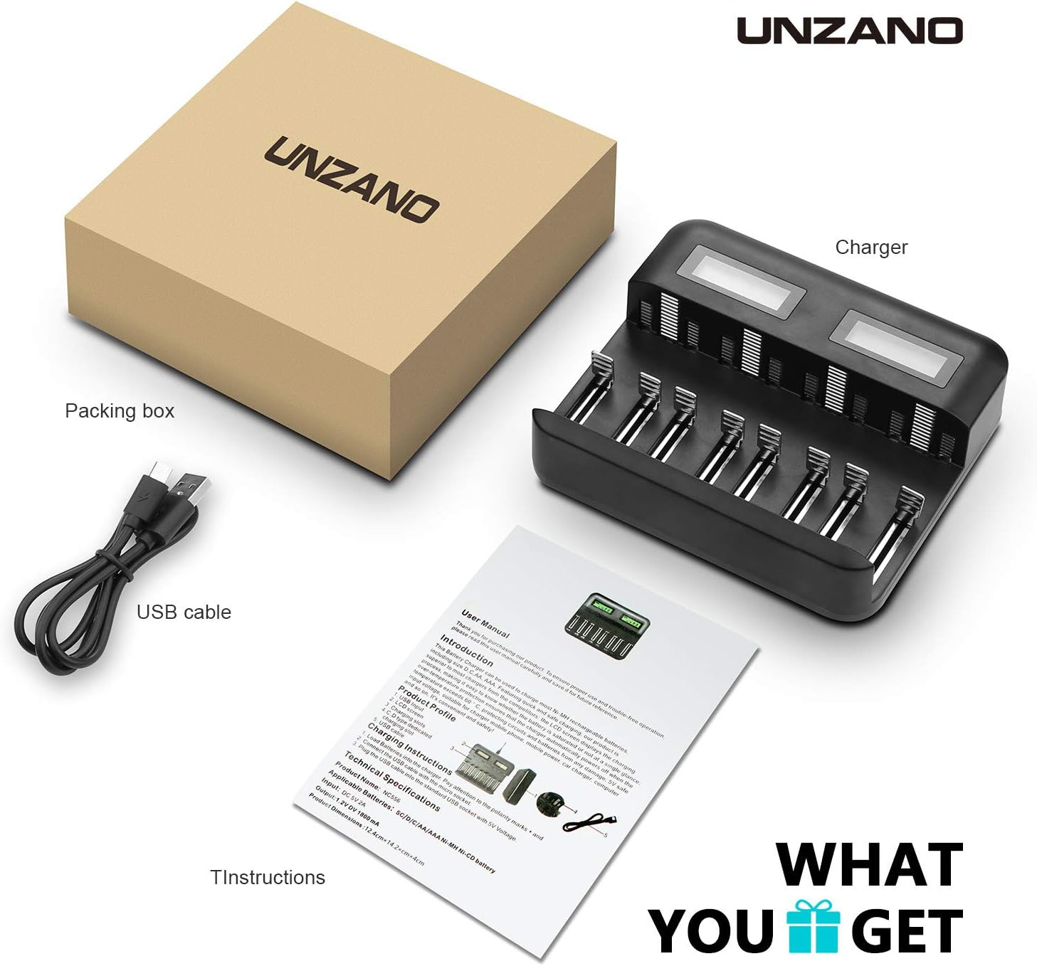 LCD Display Universal Battery Charger,8 Bay Smart Charger for Rechargeable Batteries Ni-MH/Ni-Cd A AA AAA SC C D Batteries with USB Port Type c and Overcharge Prevention Function (No Adapter): Electronics