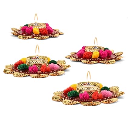 Collectible India Set of 4 Assorted Mix Color Flower Design Metallic Diya Tea Light Candle Holder for Home Office Decoration Puja Articles Decor Gifts TeaLight (4 Pcs)