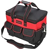 17 Inch Tool Bag with Adjustable Shoulder Strap,Wide Mouth Tool Bags,Heavy Duty Waterproof Tools Bag Organizer,Plastic Hard Bottom Base Tool Tote Bag for Men