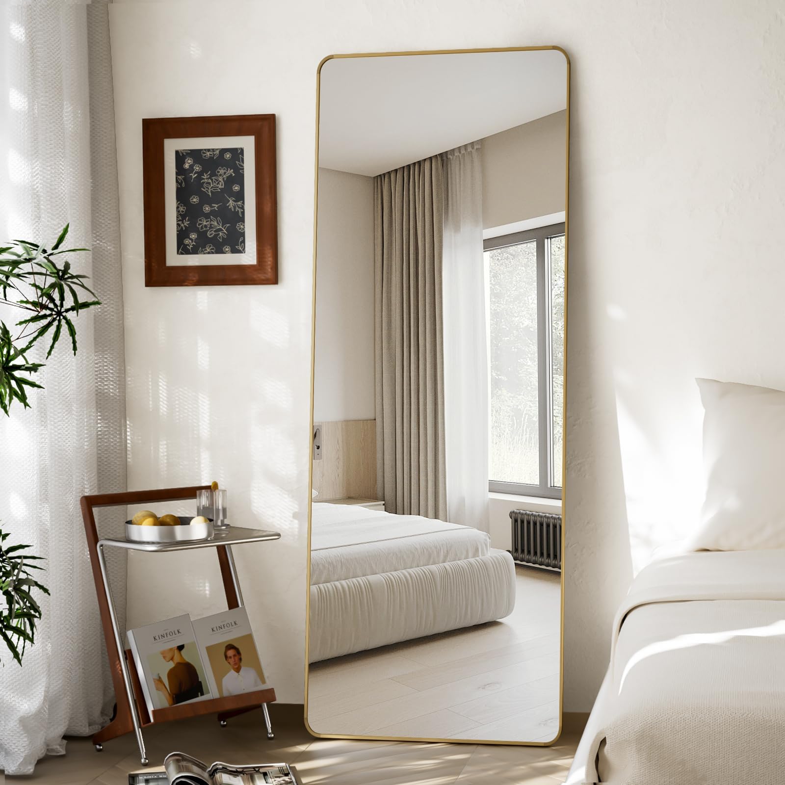 Photo 1 of ***FACTORY SEALED***VooBang Round Corner Mirror Full Length, 66" x 23" Floor Mirror with Stand, Matte Aluminum Alloy Frame Full Body Mirror, Standing Hanging or Leaning for Bedroom and Living Room, Gold