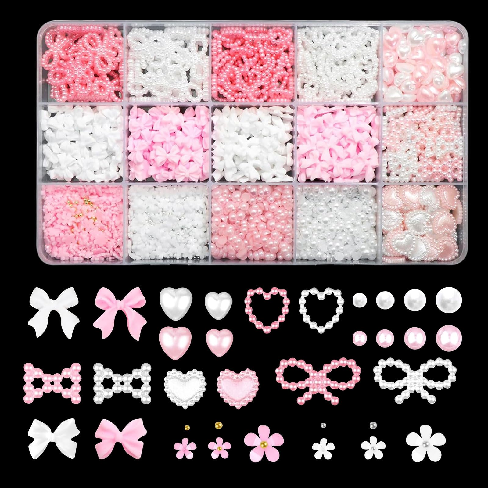 3D Nail Charms,1000PCS White Pink Heart Bow Pearl Nail Art Charms Flower Nail Gems with Gold Silver Caviar Beads,Rhinestones Nail Art Decorations for Women Girls Manicure Design DIY Craft
