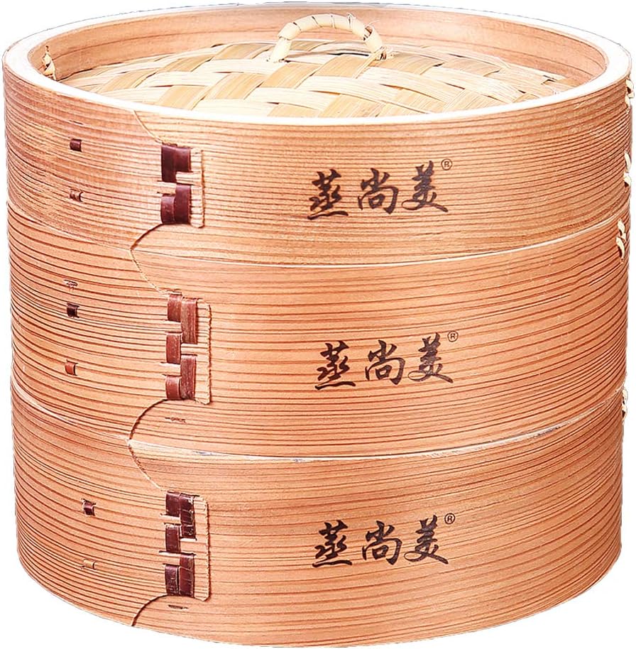 Hooden Asian Natural Handmade Bamboo Steamer 12 Inch Wooden Basket with 2 Tier Rack， Stainless Steel Reinforced for Veggies，Dumplings，Dim Sum，Pork Buns，Chicken，Fish，Rice，Chinese Healthy Kitchen Cooking Set, Portable Cookware