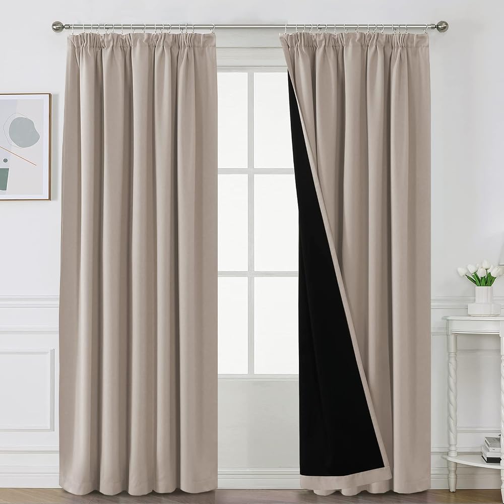 BellaHills 100% Blackout Curtains 2 Panels 90x90 Natural Sand Pencil Pleat