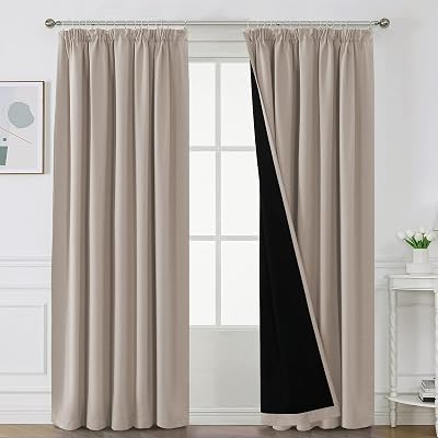 BellaHills 100% Blackout Curtains 2 Panels 90x90 Natural Sand Pencil Pleat