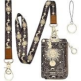 bolimoss Sun and Moon Lanyard Wallet, Boho Lanyard with Wallet,ID Badge Holder with Neck & Wristlet Lanyard, Pu Leather Zip Id Case Wallet with Breakaway Lanyard, Keychain Wallet for Women