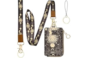 bolimoss Sun and Moon Lanyard Wallet, Boho Lanyard with Wallet,ID Badge Holder with Neck & Wristlet Lanyard, Pu Leather Zip Id Case Wallet with Breakaway Lanyard, Keychain Wallet for Women