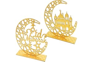 2 Pieces Ramadan Decorations for Home, Wooden Eid Mubarak Kareem Table Sign with Hollow Moon Star Ornament for Muslim Party A