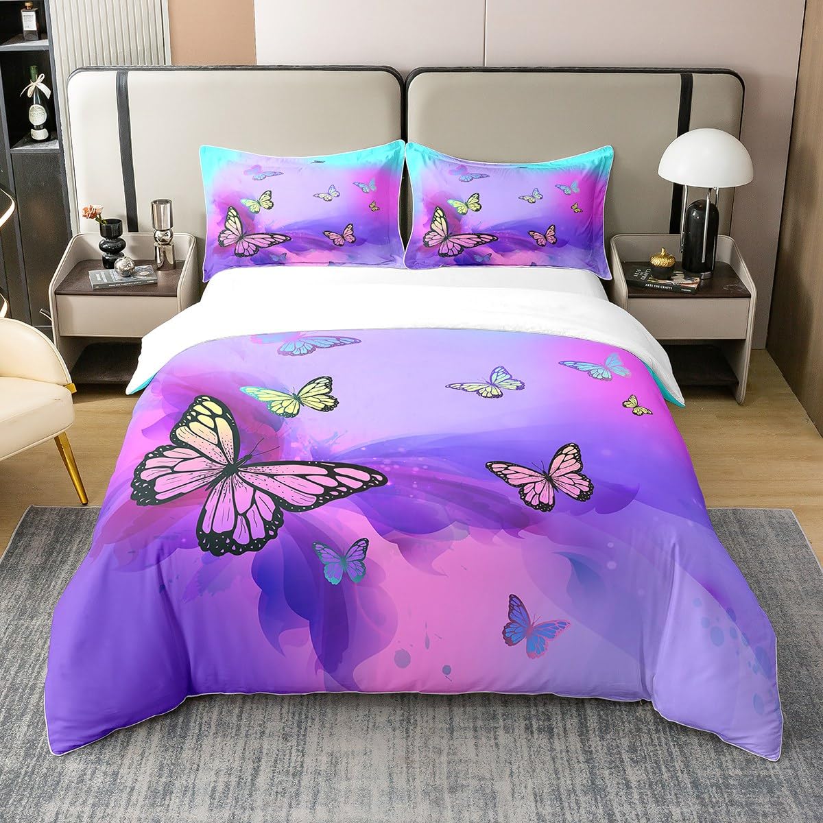 100% Cotton Boho Butterflies Duvet Cover,Colorful Butterfly Bedding Set Double,Watercolor Tie Dye Pastel Comforter Cover,Bohemia Style Bedspread Cover with 2 Pillow Cases Bedroom Decor