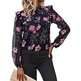Simplee Womens Floral Boho Tops Trendy Ruffle Long Sleeve Blouses Fall Dressy Mock Neck Loose Casual Work Shirts