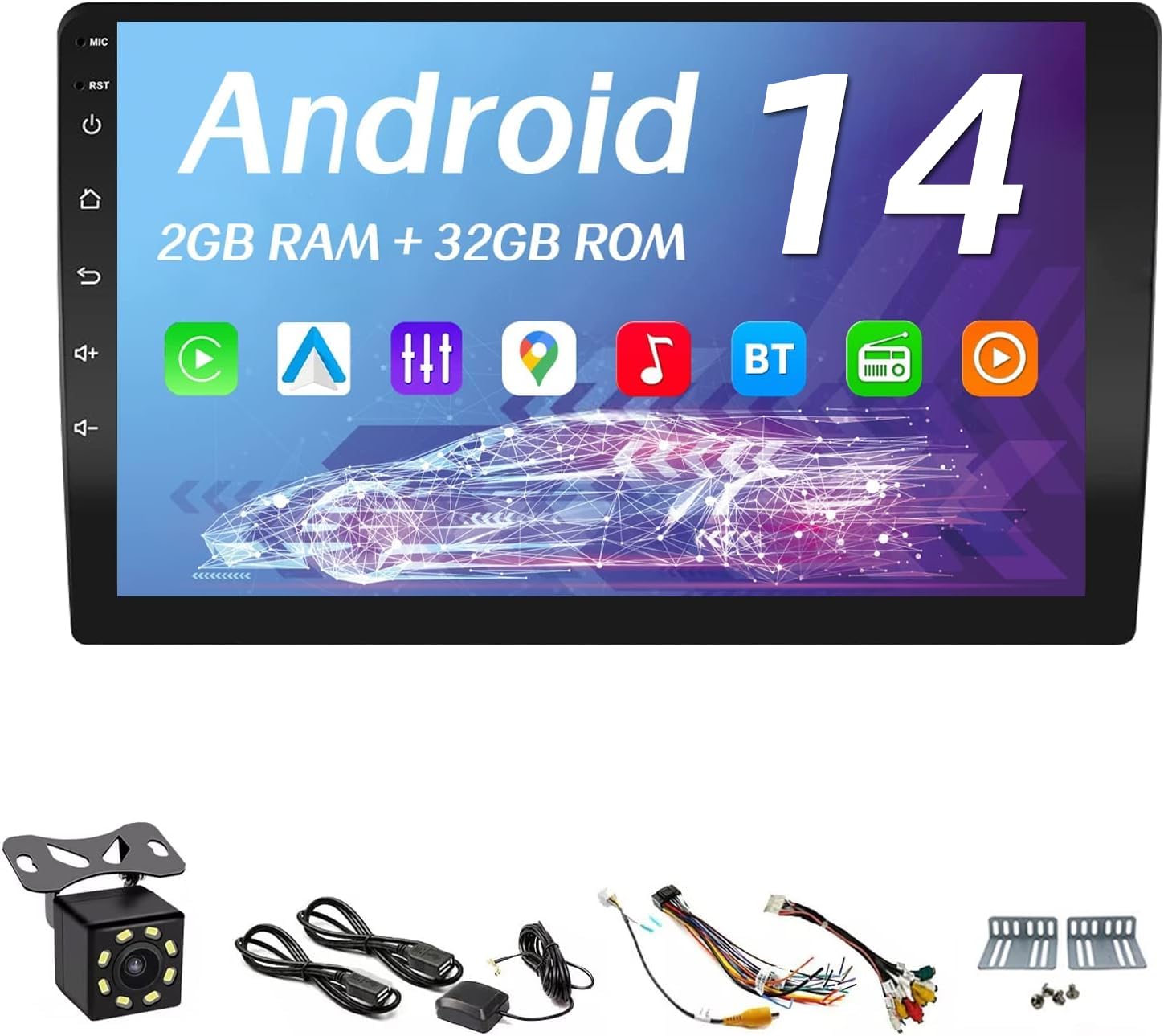 Photo 1 of 10 Inches Double Din Car Stereo, Apple CarPlay Screen, 2G+32G, Bluetooth Android Auto Screen with Backup Camera, Touch Screen, WiFi, Mirror Link, HiFi, GPS, FM