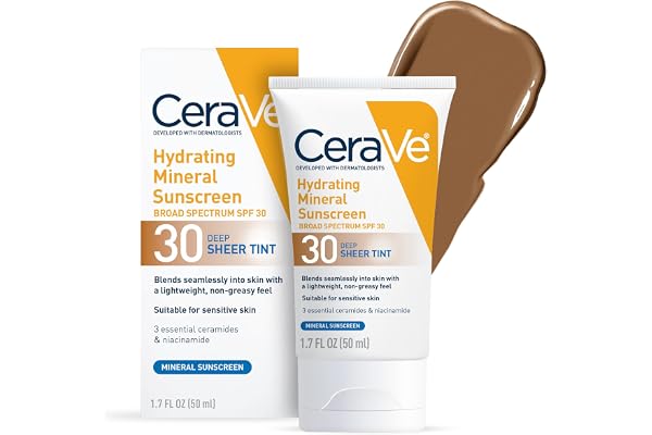CeraVe Hydrating Mineral Sunscreen SPF 30 with Sheer Tint, Tinted Mineral Sunscreen with Zinc Oxide & Titanium Dioxide, Blends Seamlessly For Healthy Glow, Deep, 1.7 Oz
