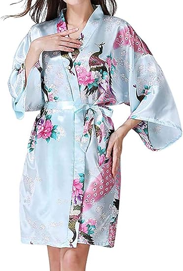 Amazon 浴衣 和服 レディース バスローブ 浴衣式 孔雀柄 軽量 膝上 ショートローブ 女性用 サテン着物ドレスガウンラウンジウェア 服 ファッション小物 通販