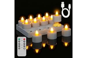 Ropelux 12 Rechargeable Tea Lights with Charging Base,Realistic Flickering Dimmable LED Candles with Remote Control Timer in 