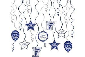 Nelbiirth Happy 17th Birthday Blue & Silver Glitter Swirls Streamers Party Decorations - 15 Pcs 17th Birthday Hanging Swirls Streamers Kit,Cheers to Seventeen Years Old Bday Party Sign.