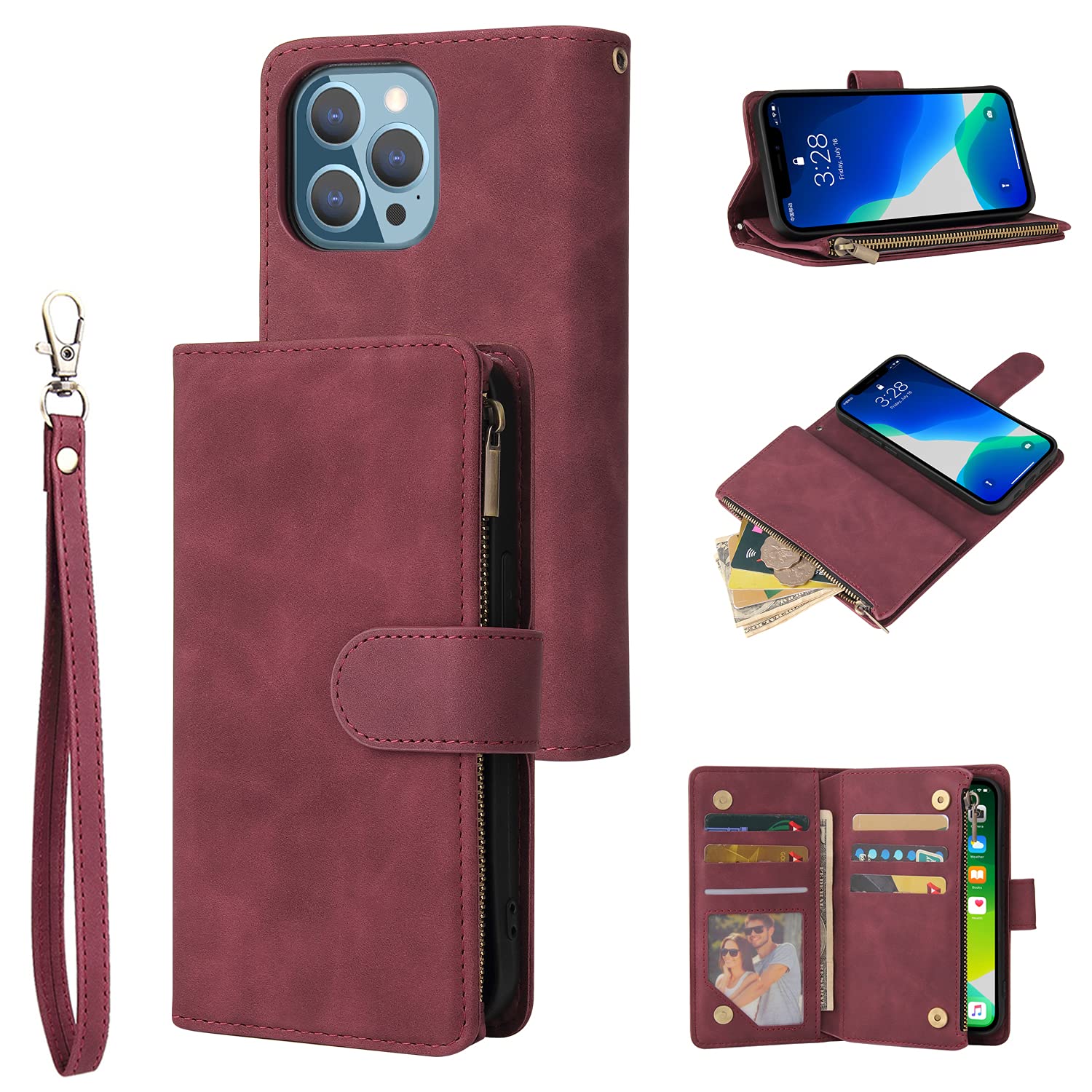 UEEBAI Wallet Case for iPhone 15 Pro 6.1 inch, Premium Vintage PU Leather Magnetic Closure Handbag Zipper Pocket Case Kickstand Card Holder Slots with Wrist Strap TPU Shockproof Flip Cover - Wine Red — image 1