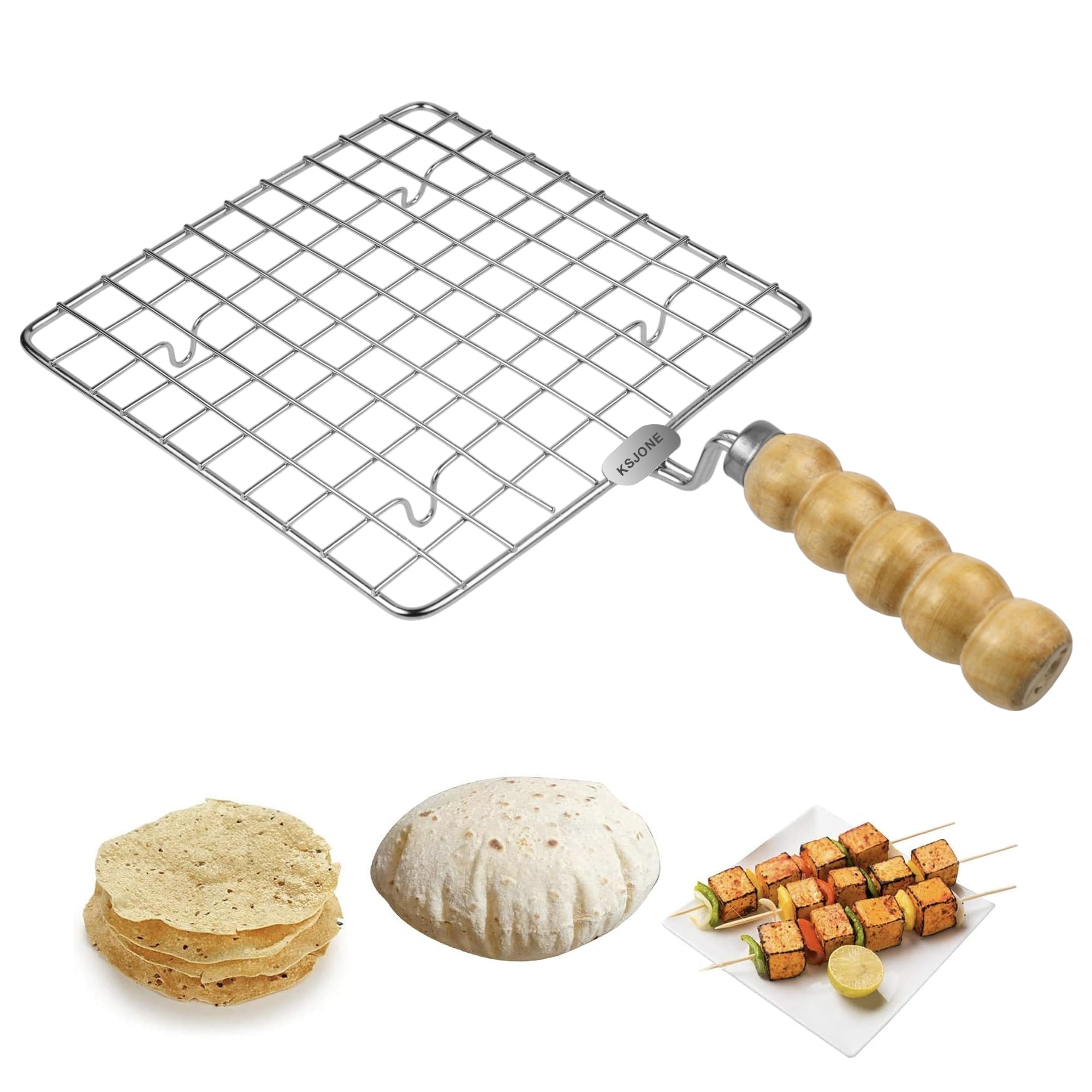 KSJONE Stainless Steel Multi-Functional Wire Steaming Cooling and Baking Barbecue Rack Square Wire Roaster Rack/Papad Jali/Roti Grill Round Shape with Wooden Handle