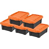 IRIS USA 5-Pack 3 Gal Heavy Duty Lockable Storage Totes, Black/Orange | Built for tools, hardware, emergency supplies and small equipment, Stackable design keeps spaces organized