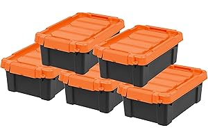 IRIS USA 3 Gallon Lockable Storage Bins with Lids, 5 Pack - Made in USA, Heavy Duty, Stackable Containers, Garage Organizing Bins Moving Tubs, Rugged Sturdy Equipment Utility Box - Black/Orange