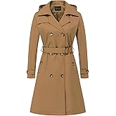CREATMO US Women's Long Trench Coat Double-Breasted Classic Lapel Overcoat Belted Slim Outerwear Coat with Detachable Hood