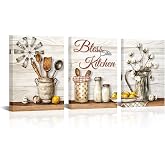 HOMEOART Kitchen Wall Art Kitchen Blessed Sign Farmhouse Wall Decor Rustic Dining Room Decor Artwork Framed, 12x16inchx3 Pieces