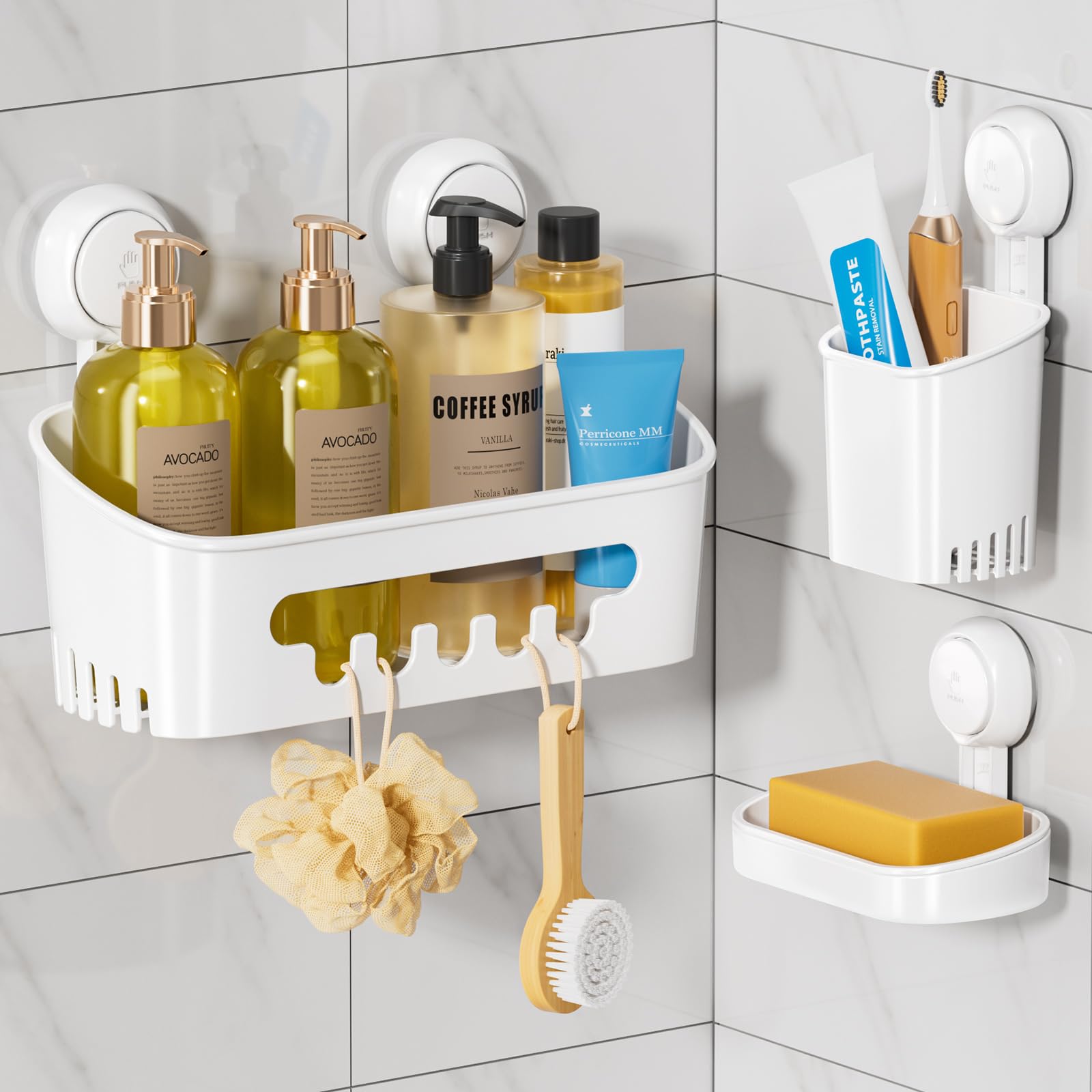 Photo 1 of LEVERLOC Shower Caddy Suction Cup Set Shower Organizer & Soap Holder & Toothbrush Holder, Bathroom Shelf Basket NO-Drilling, Removable Suction Storage Waterproof Bathroom Caddy, White