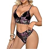 SHENHE Women's Lace Lingerie Set Floral Print Triangle V Neck Bra and Cheeky Panty Set