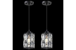 Dolaimi House 2 Pack 1 Light 5.4" Crystal Shade Hanging Kitchen Island Pendant Light Black Finish,Modern Pendant Fixture with Crystal Metal Shade for Bar,Dining Room,Living Room Over Sink