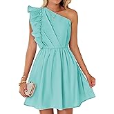 ZESICA Women's Summer One Shoulder Ruffle Dress Boho Sleeveless Elastic High Waist Swing Mini Dresses