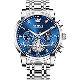 OLEVS Men Watches Stainless Steel Chronograph Watch, Large Wrist Analog Quartz Watch, Fashion Waterproof Diamond Roman Numerals Dress Watches for Men, Gold/Black/White/Blue/Grey Dial