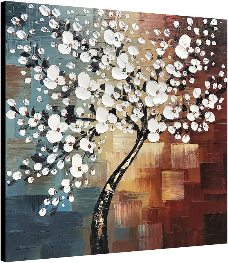 Paintings - Wieco Art Large Modern Abstract White Flowers Oil Paintings on Canvas Wall Art Morning Glory 100% Hand Painted Floral Gallery Wrapped Artwork for Living Room Bedroom Home Office Decor