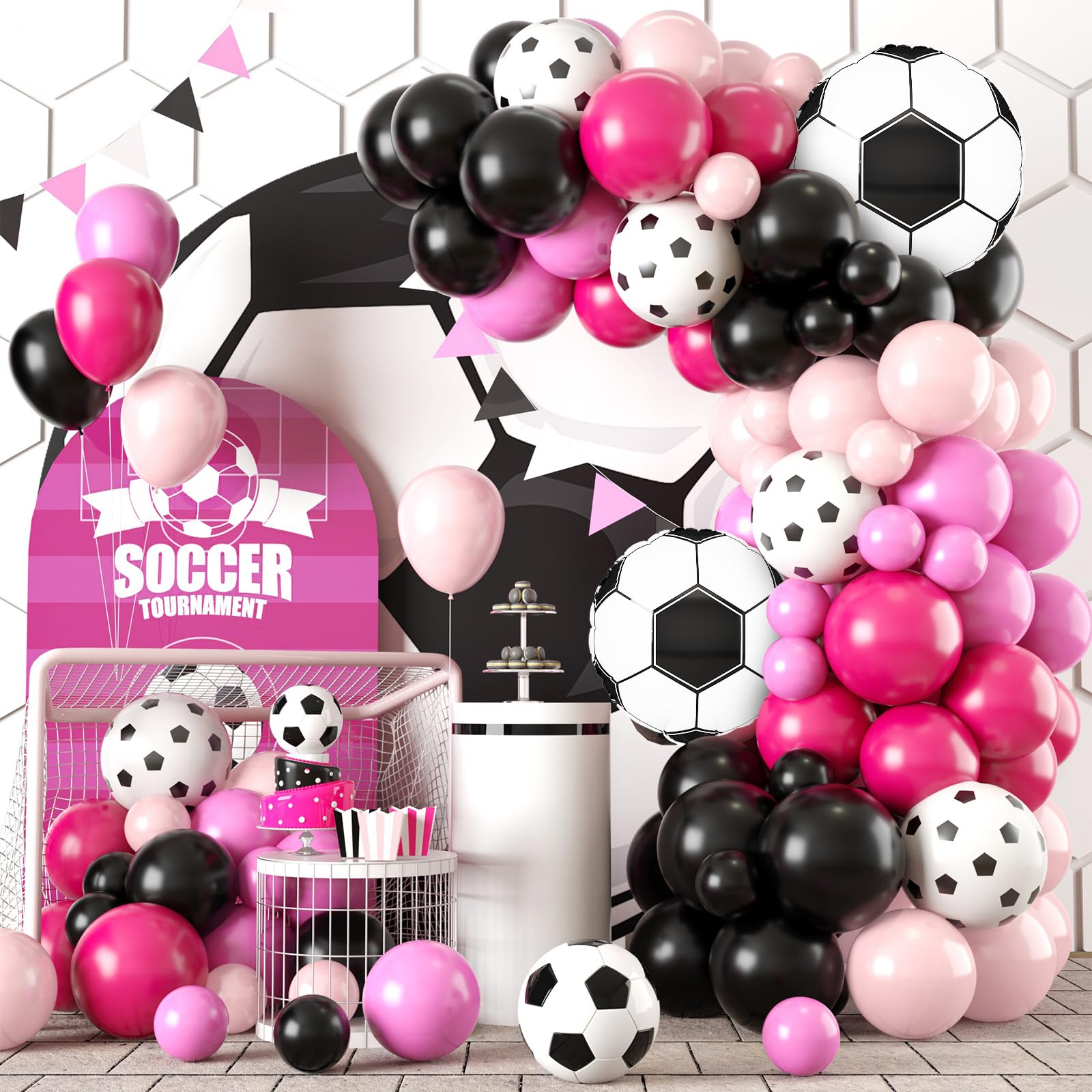 Photo 1 of Soccer Party Balloon Garland Arch Kit, Black Hot Pink Decorations With Foil Balloon for Women Girls Kids Birthday Sports Theme, Football Party Decor Supplies