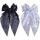Sparkly Sequin Hair Bows for Women Girls Black & Silver Hair Bow Clips Glitter Hair Bows with Long Tail Large Hair Barrettes Bling Hair Accessories for Christmas Holiday Birthday Party