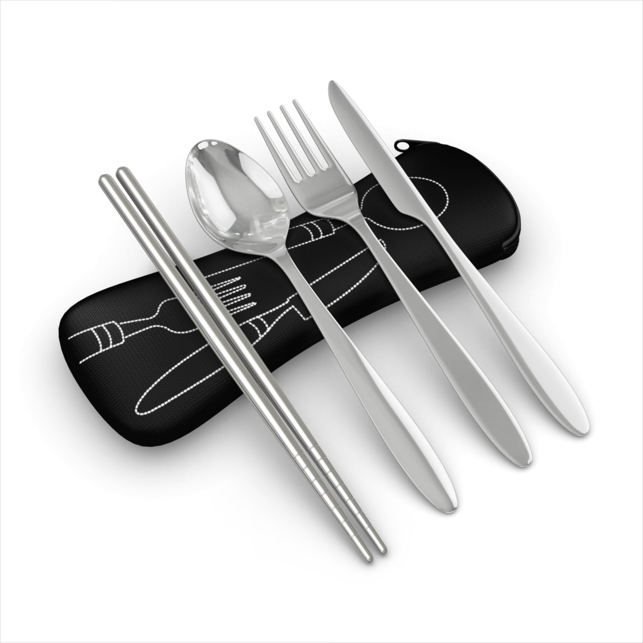 Roaming Cooking 4 Piece Stainless Steel (Knife, Fork, Spoon, Chopsticks) Lightweight, Travel/Camping Cutlery Set with Neoprene Case