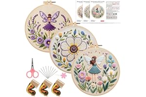 Konrisa Embroidery Kits for Adults, 3pcs Elf Flower Fairy Floral Embroidery Starter Kit DIY Sewing Practice with Hoop,Needlep