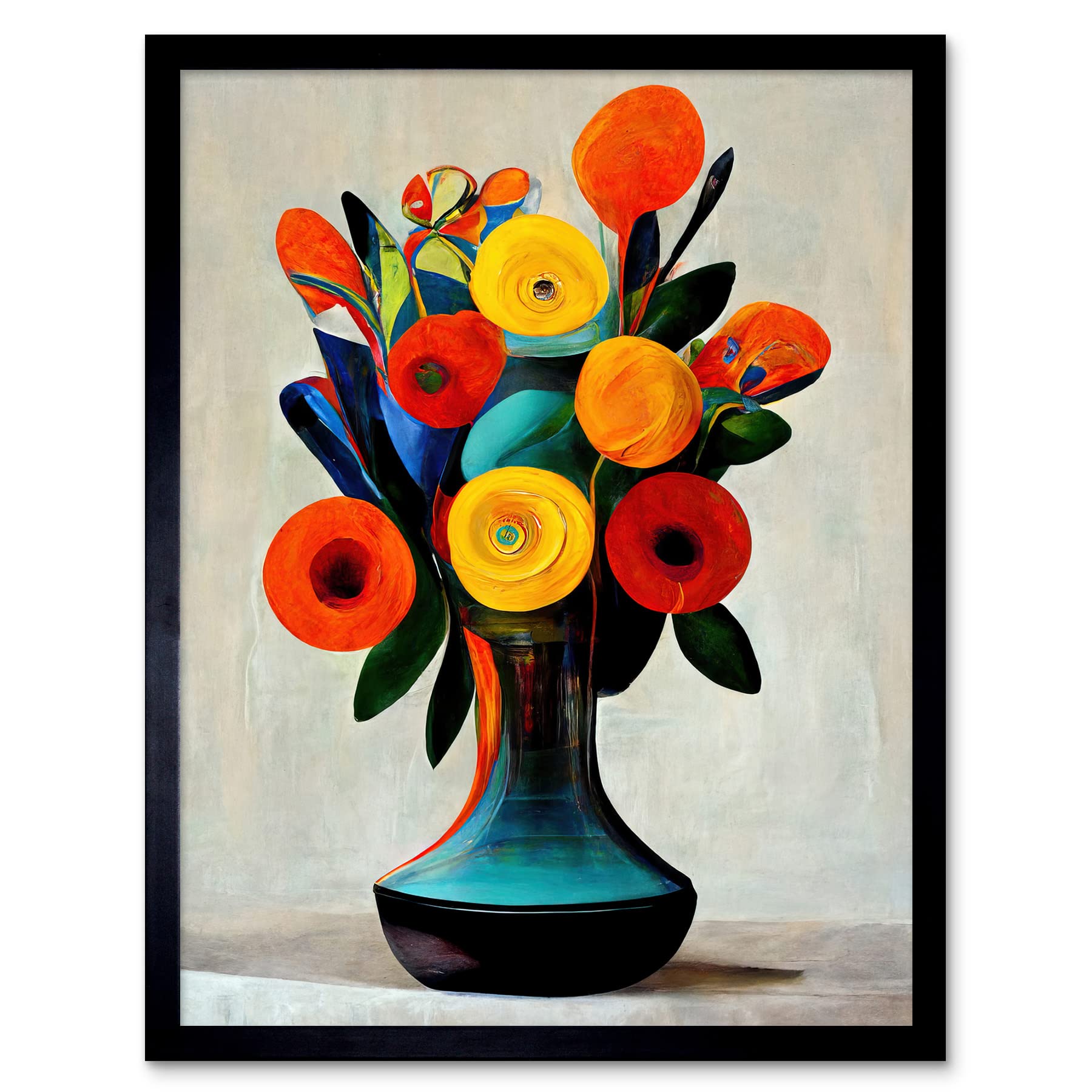 Wee Blue Coo Midcentury Style Bright Floral Bouquet Flowers Painting Orange Yellow Red Turquoise Art Print Framed Poster Wall Decor 12x16 inch