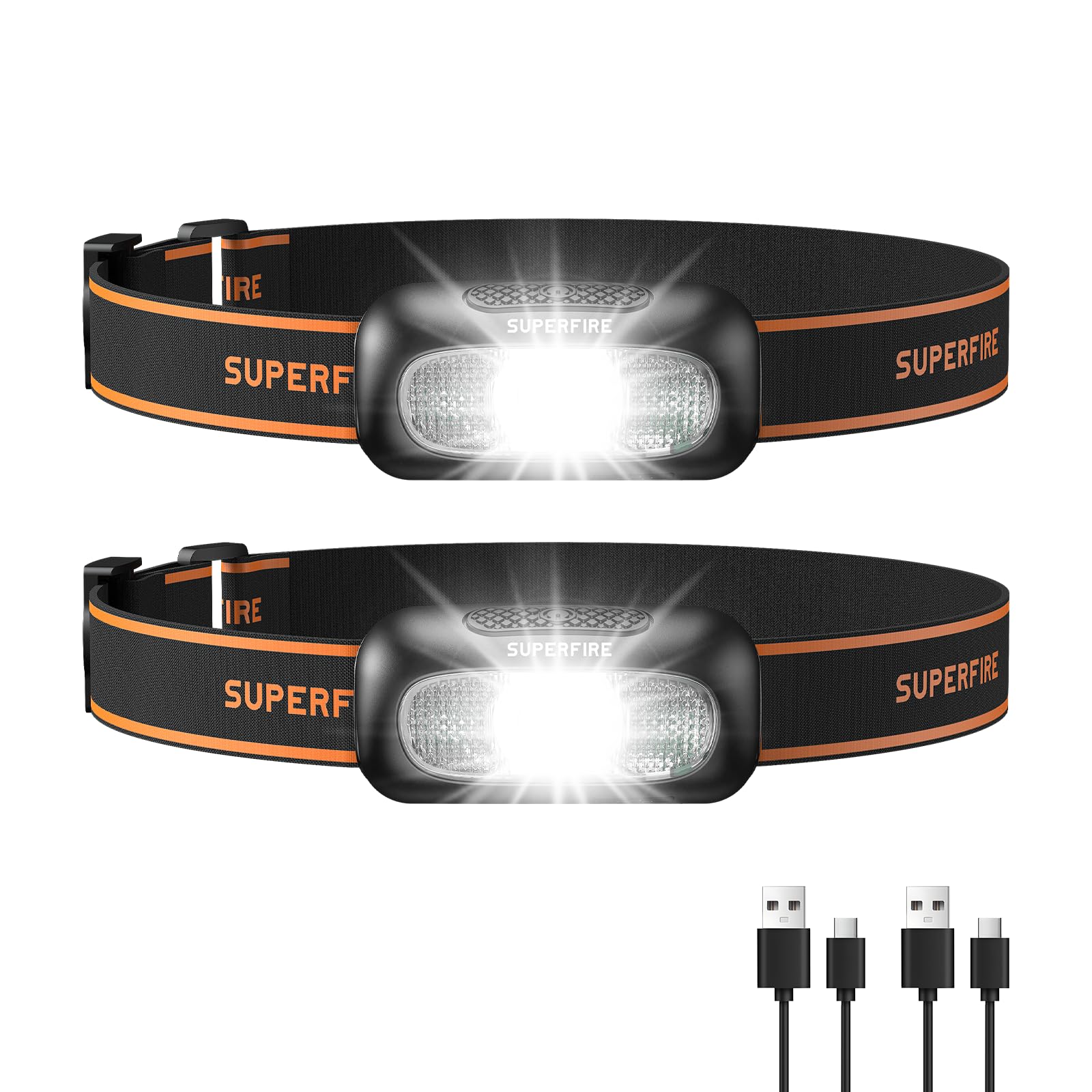 SuperFire 【2 Pack】 Head Torch Rechargeable, 5 Modes Bright LED Headlamp with Red Light, Lightweight Waterproof Hands-Free Head Torch for Camping, Running, Hiking, Adjustable Headband for Adults, Kids