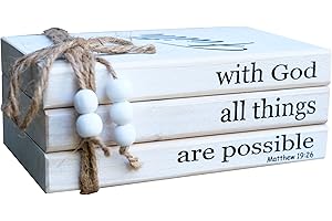 LIVDUCOT Farmhouse Wooden Decor Book Stack | Rustic Faux Book Stacks | Wood Books for Modern Home Decor | Stacked Books for Coffee Tables Book Shelf Decor | with God All Things are Possible Sign