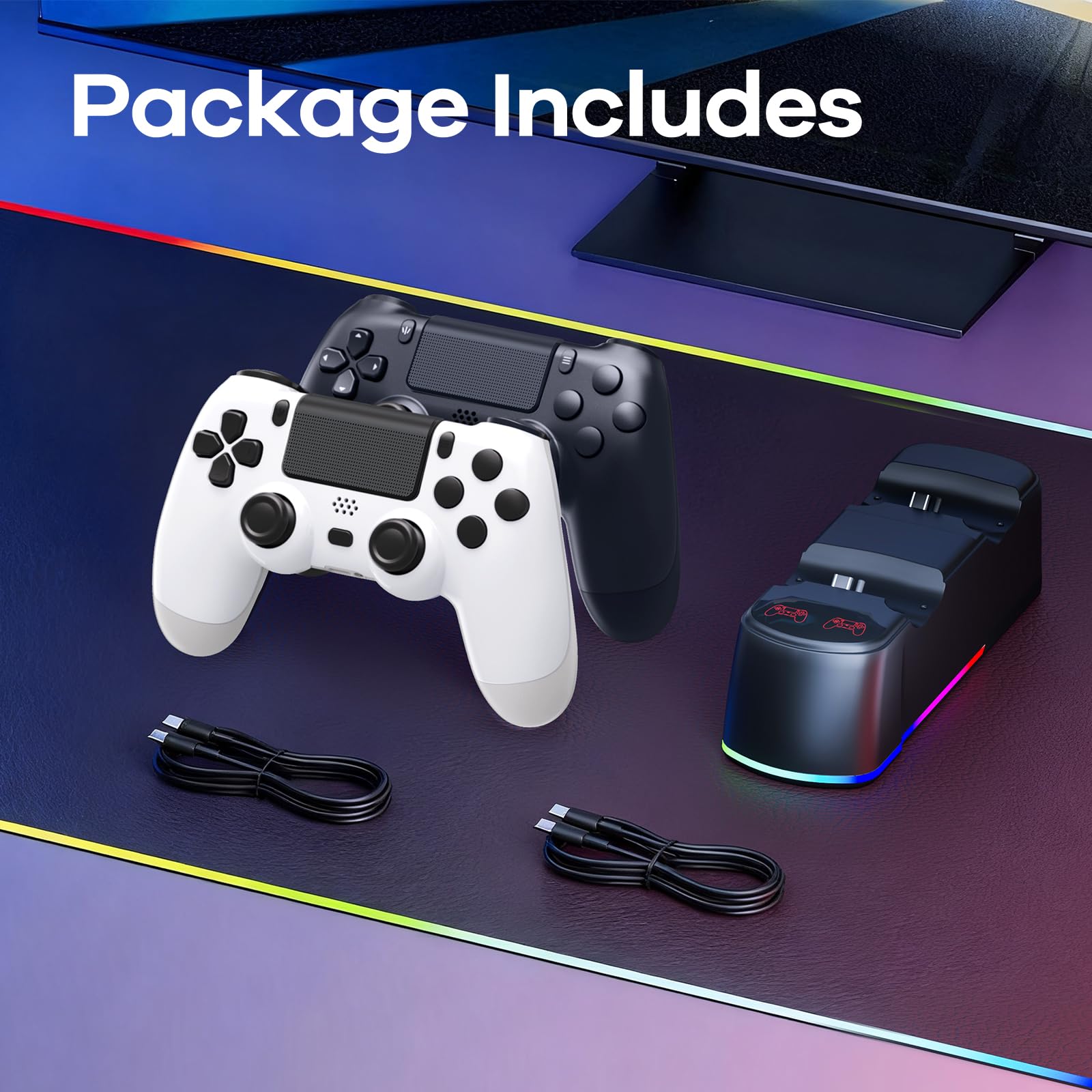 AROEVEIB 2 Pack Controller with Charger Dock for PS4 Wireless Game Controller, with LED Charging Dock Station, 2 USB Cable
