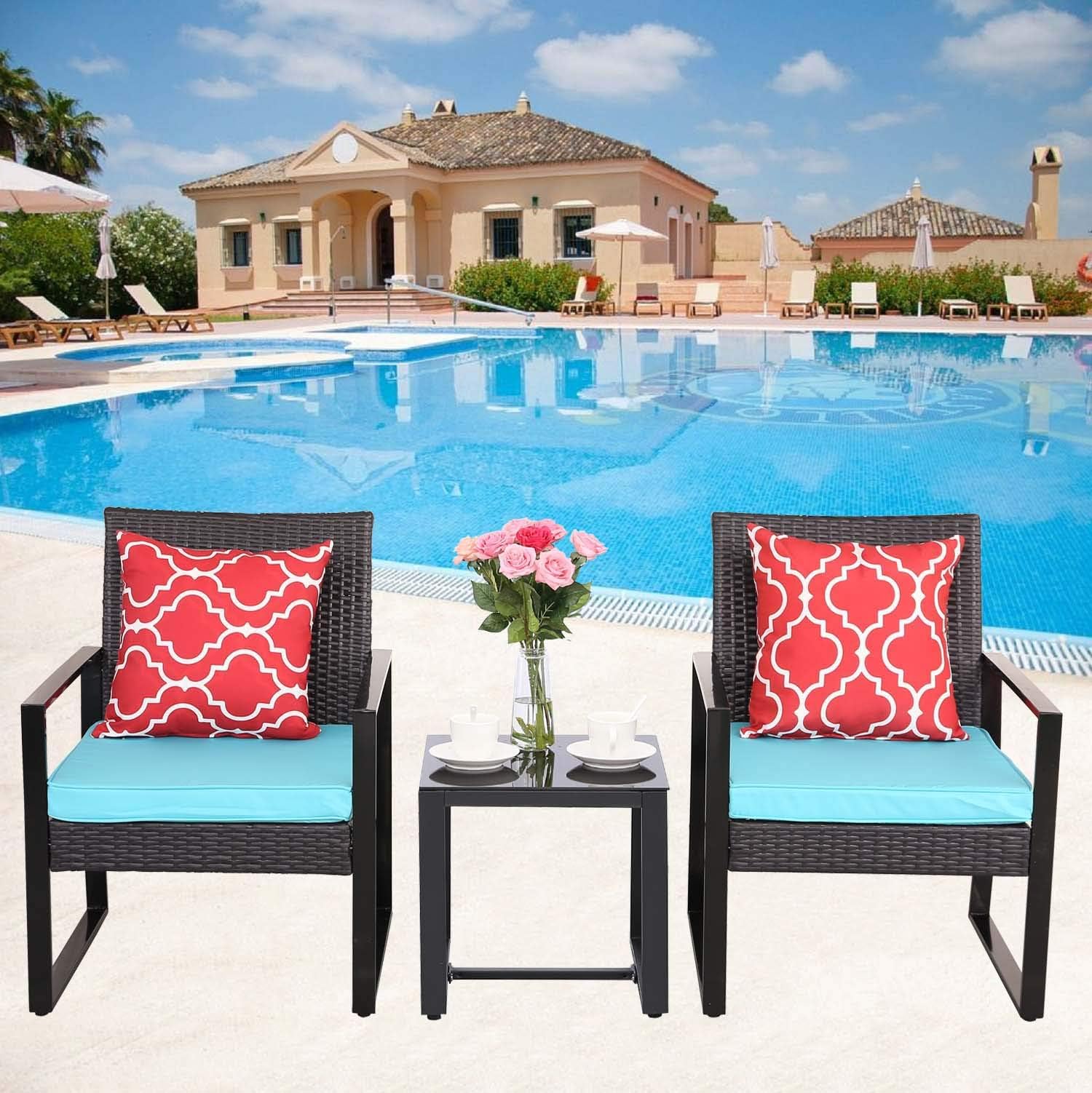 HTTH 3 Pieces Patio Chair Sets Outdoor Wicker Patio Furniture Sets Modern Bistro Set Rattan Chair Conversation Sets -Two Chairs with Glass Coffee Table (Blue)