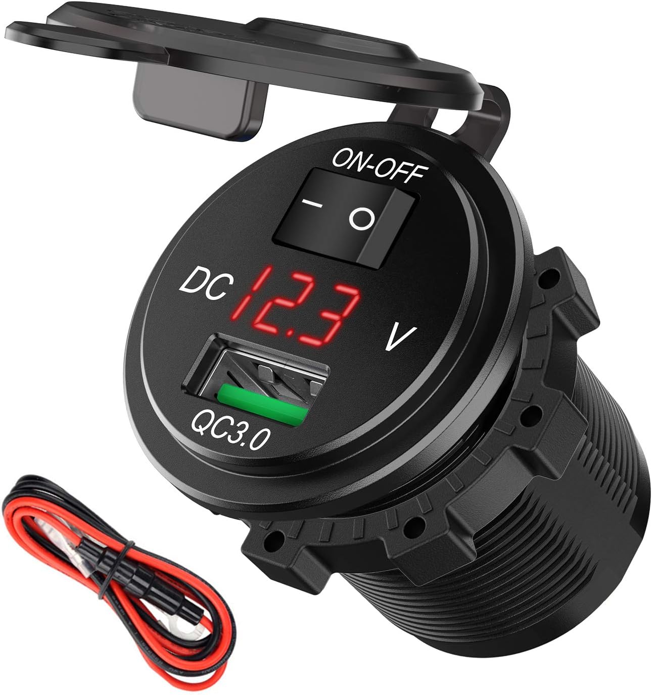 Quick Charge 3.0 USB Charger Socket, SunnyTrip 18W 12V/24V USB Power Outlet Adapter Waterproof Car Charger with LED Voltmeter & On Off Switch for Car RV ATV Boat Marine Motorcycle Mobile